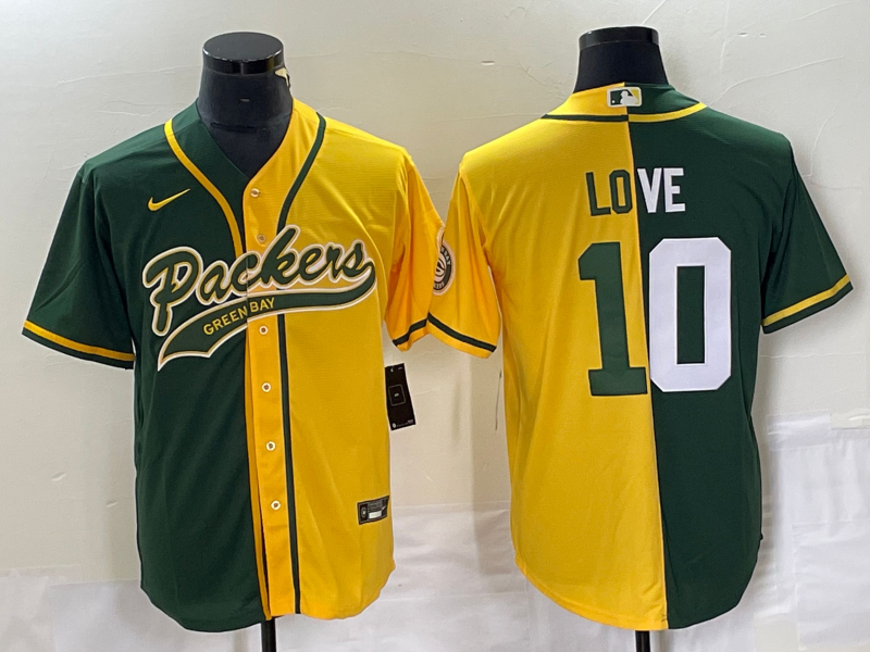 Men's Green Bay Packers #10 Jordan Love Green/Gold Split Cool Base Stitched Baseball Jersey - Click Image to Close